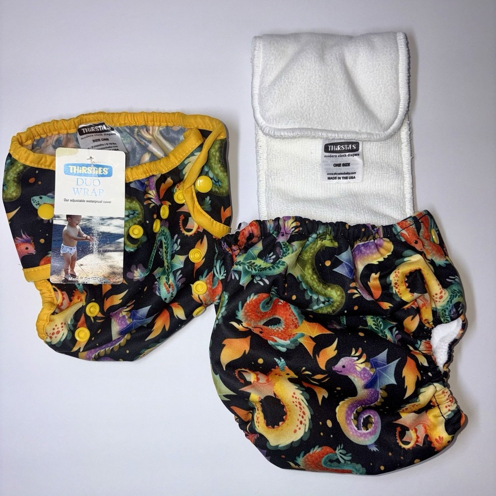 Thirsties Baby Cloth Diaper & Waterproof Cover New Dragon Colorful 0-9 Mos